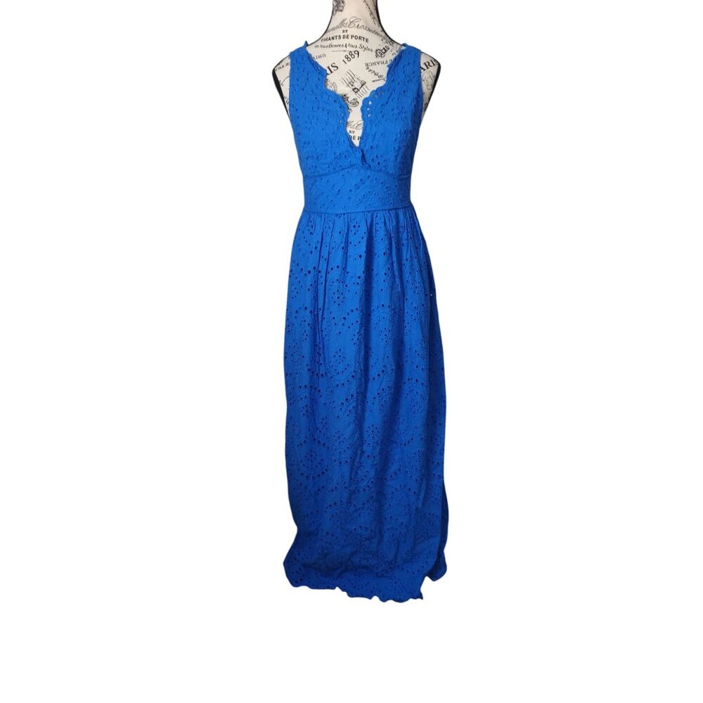 Lulus‎ Womens S Blue Eyelet Maxi Dress Cotton Scallop Trim Boho Beachy